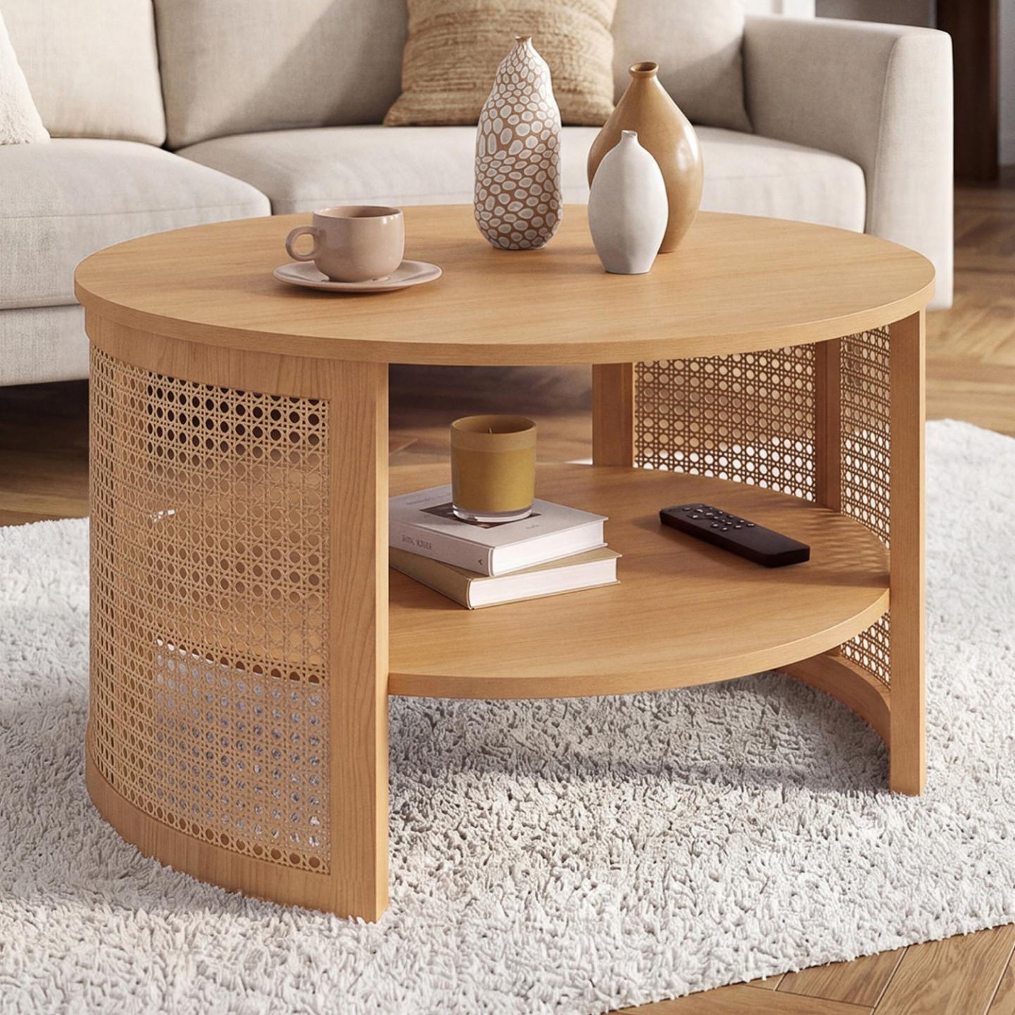 Voir la diapositive 2 : ID MARKET Table basse ronde edhen 70 cm effet cannage naturel et bois