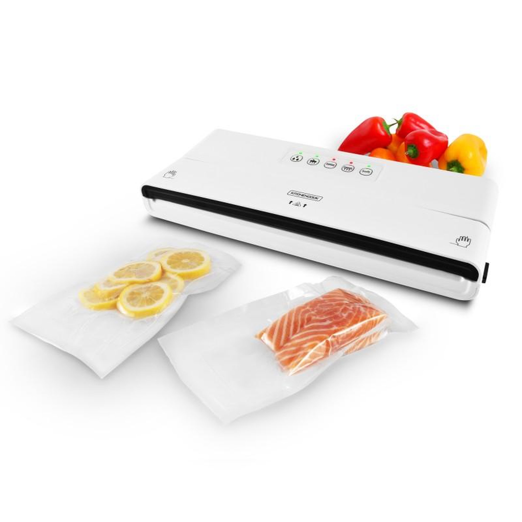 Voir la diapositive 3 : KITCHENCOOK Machine sous vide avec coupe-rouleau blanche modèle airprotect300 de kitchencook