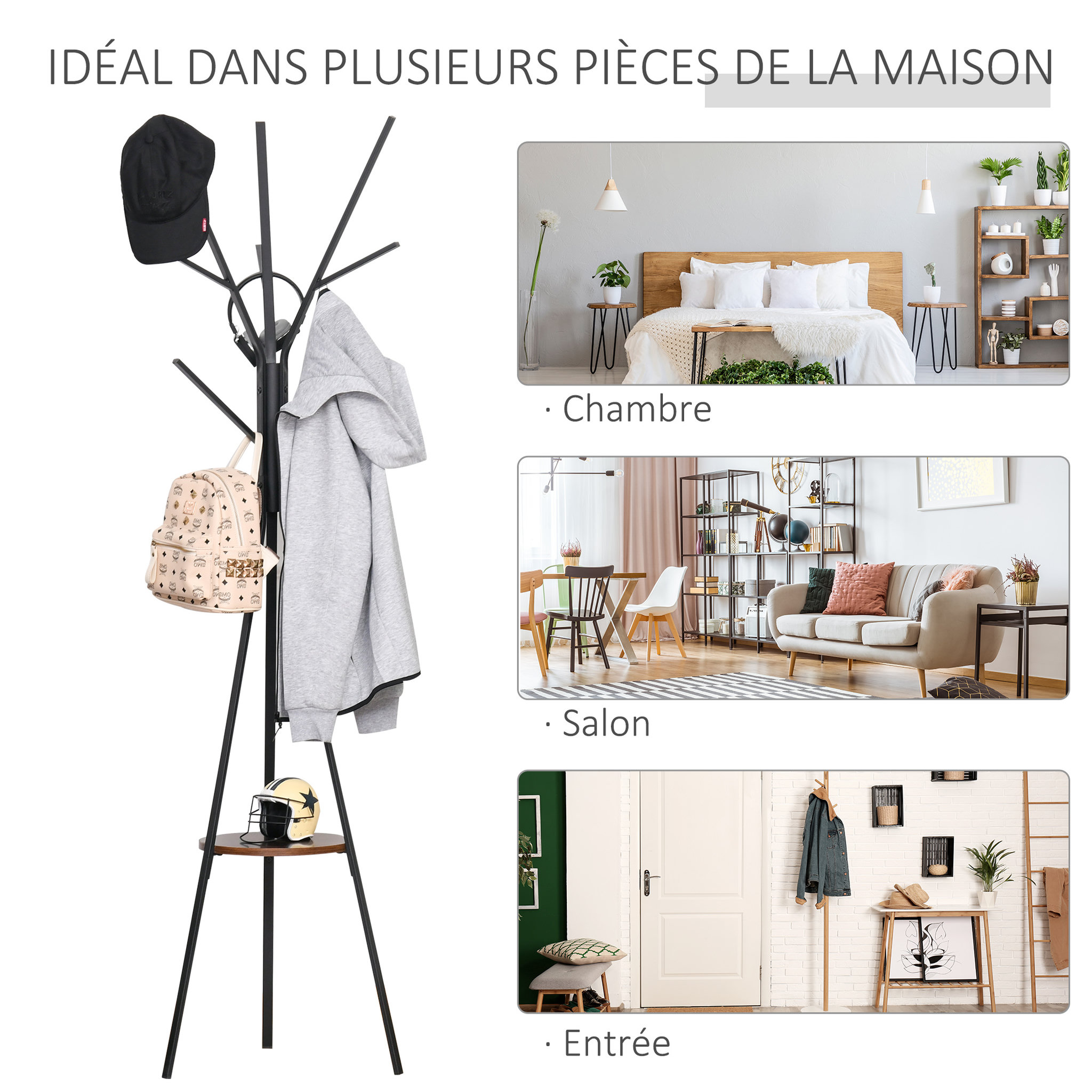 Voir la diapositive 6 : HOMCOM HOMCOM Porte-manteau trépied design contemporain branches étagère + 9 patères dim. 45L x 45l x 180H cm métal marron