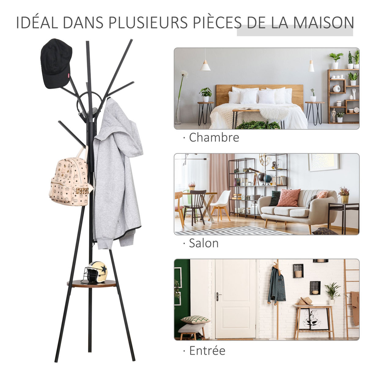 HOMCOM HOMCOM Porte-manteau trépied design contemporain branches étagère + 9 patères dim. 45L x 45l x 180H cm métal marron