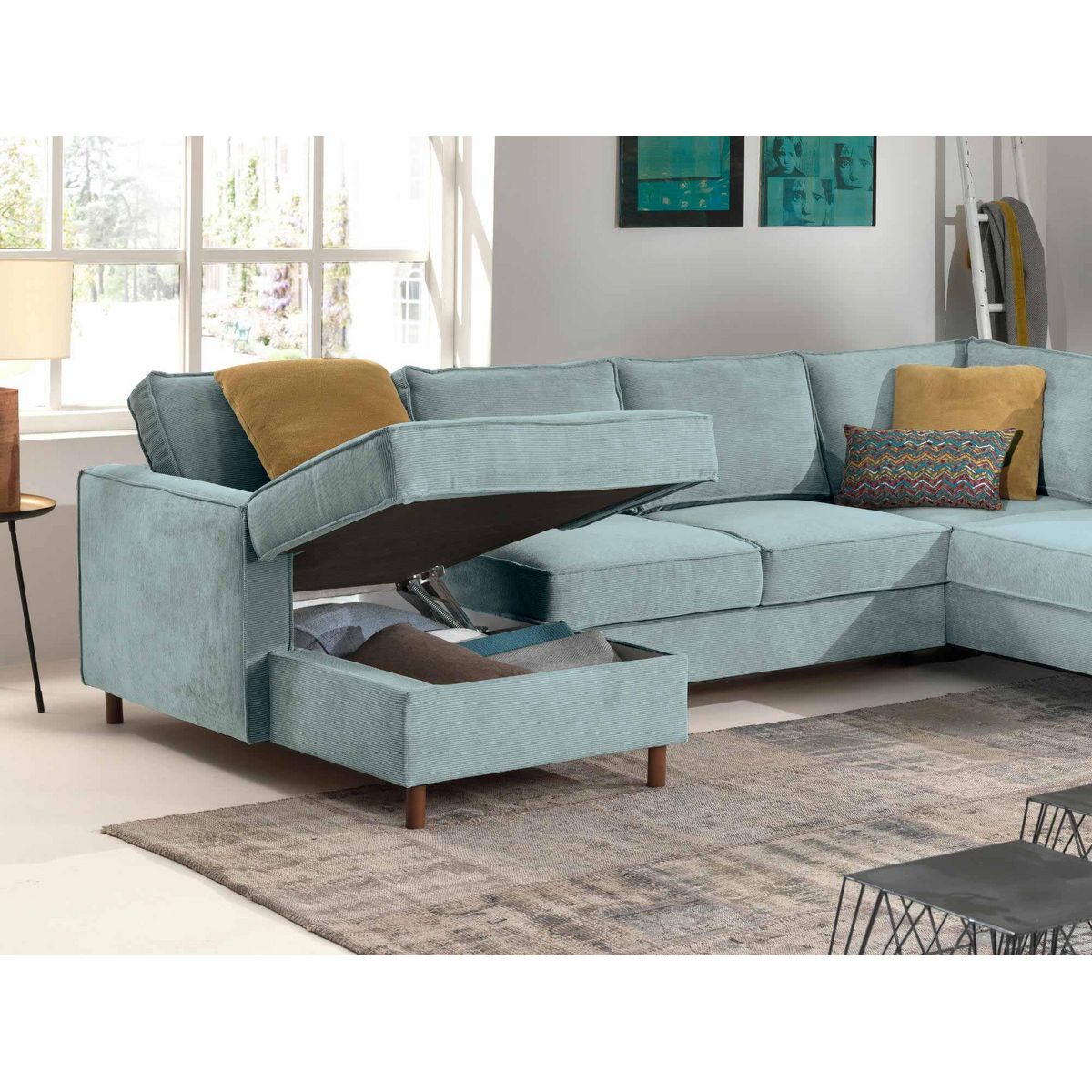 LISA DESIGN Jake - canapé panoramique d'angle droit - convertible avec coffre - 7 places - en velours côtelé