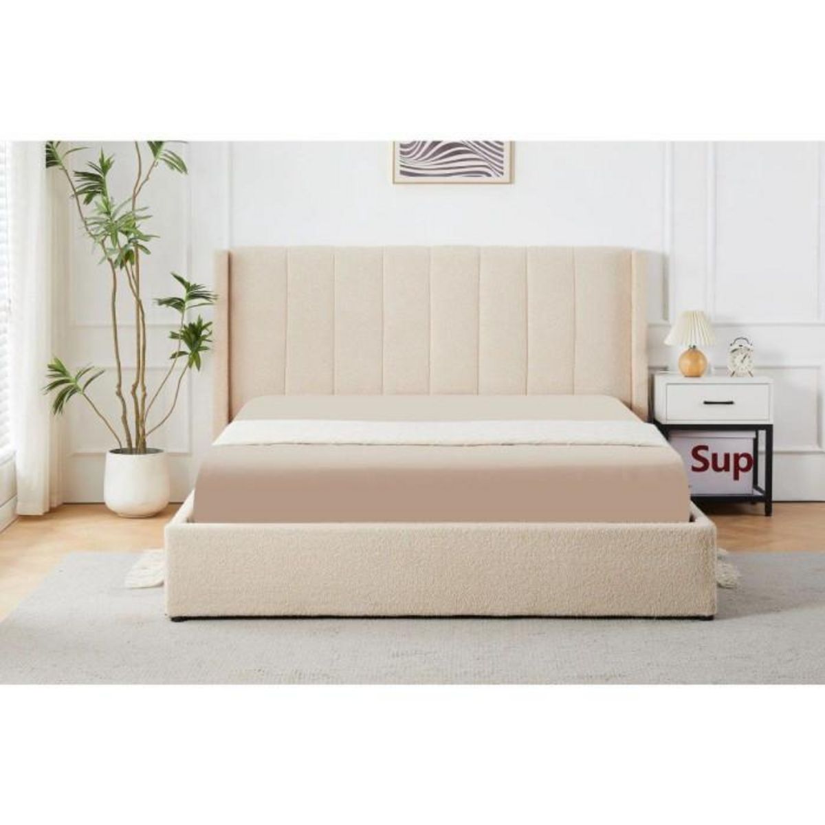 Paris Prix Lit Double Coffre Tissu Bouclette  Somia  180x200cm Crème