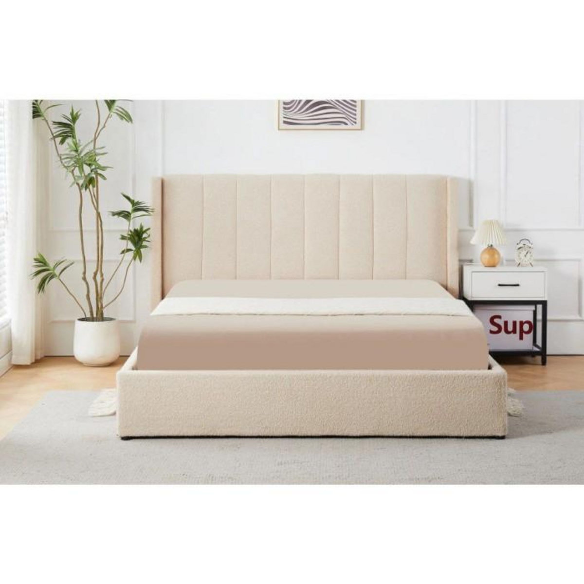 Paris Prix Lit Double Coffre Tissu Bouclette  Somia  180x200cm Crème