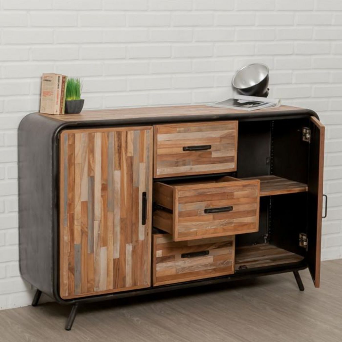 Paris Prix Buffet 2 Portes en Teck Industriel  Fusion  140cm Naturel