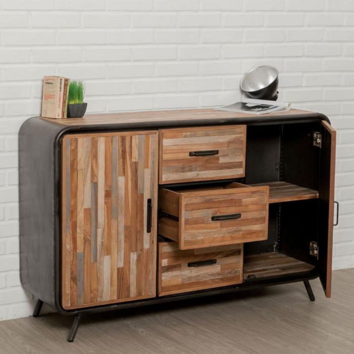 Paris Prix Buffet 2 Portes en Teck Industriel  Fusion  140cm Naturel