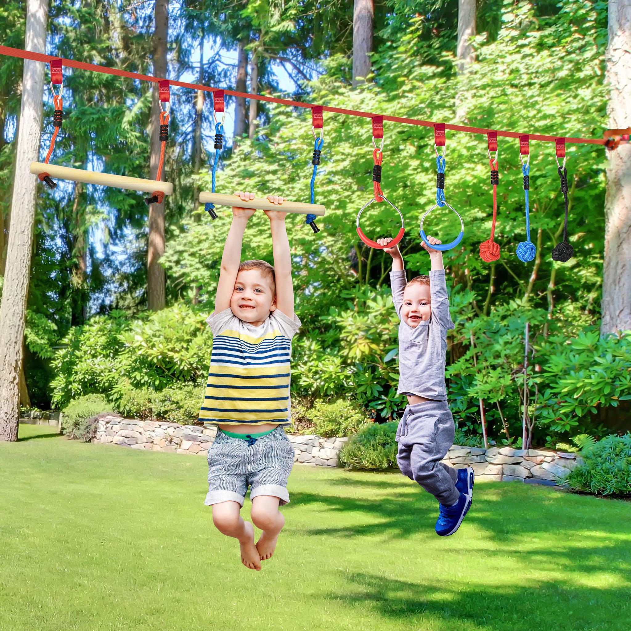Voir la diapositive 2 : OUTSUNNY Parcours d'obstacles ninja enfant - 30 accessoires, 10 m de slackline - sac de transport - bleu rouge
