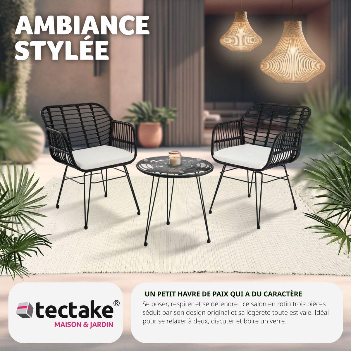 tectake Salon de jardin pour 2 personnes noir