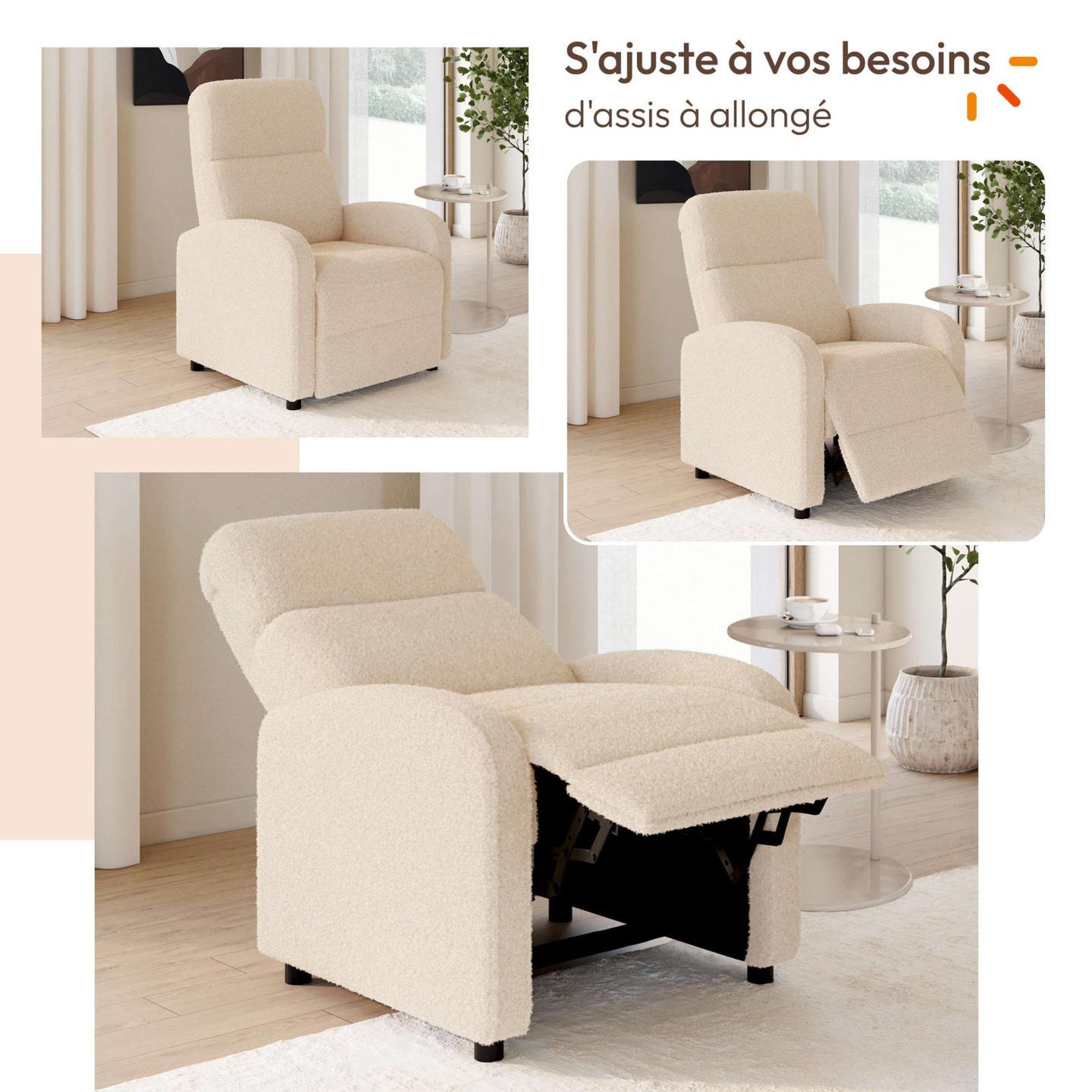 Voir la diapositive 3 : ID MARKET Fauteuil relax caleb en tissu bouclette beige avec dossier inclinable et repose pieds