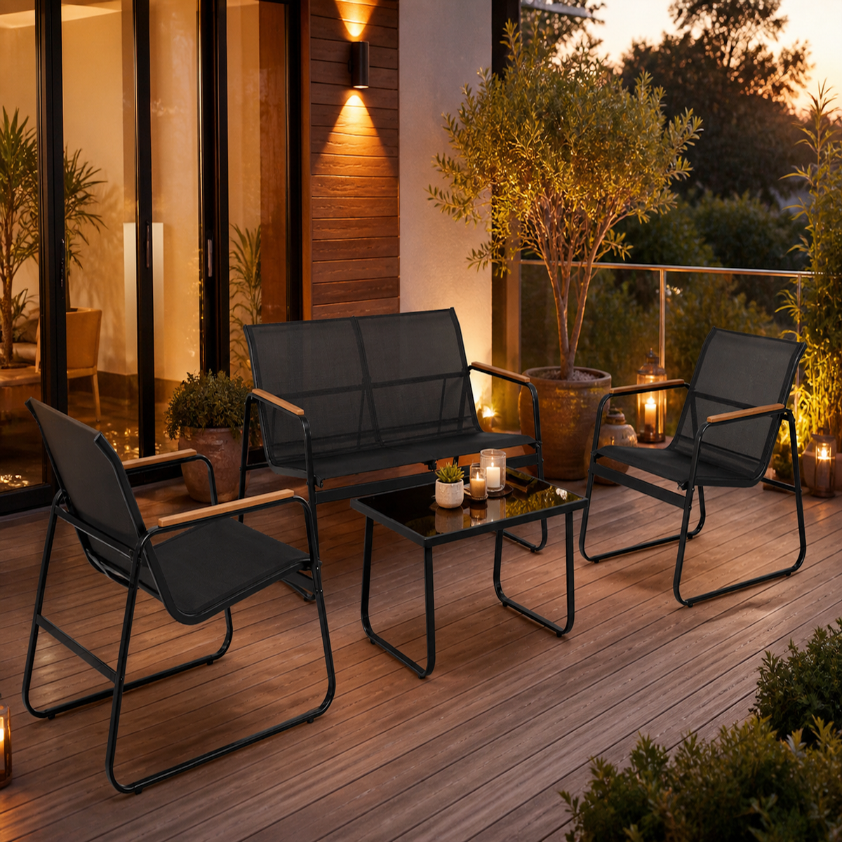 CONCEPT USINE Salon de jardin 4 places en toile de polyester noir AURORA