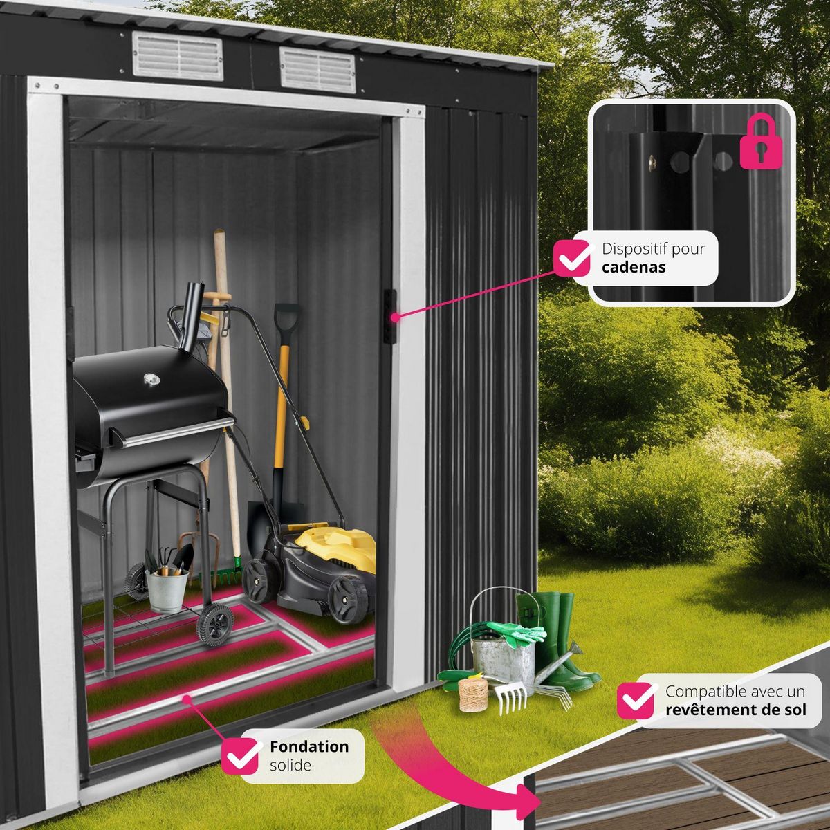 tectake Abri de jardin métal 2,7 m² toiture monopente en acier gris/blanc