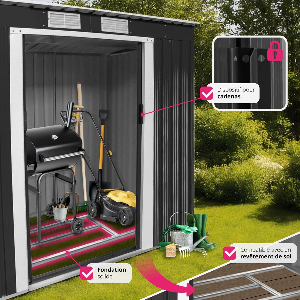 tectake Abri de jardin métal 2,7 m² toiture monopente en acier gris/blanc