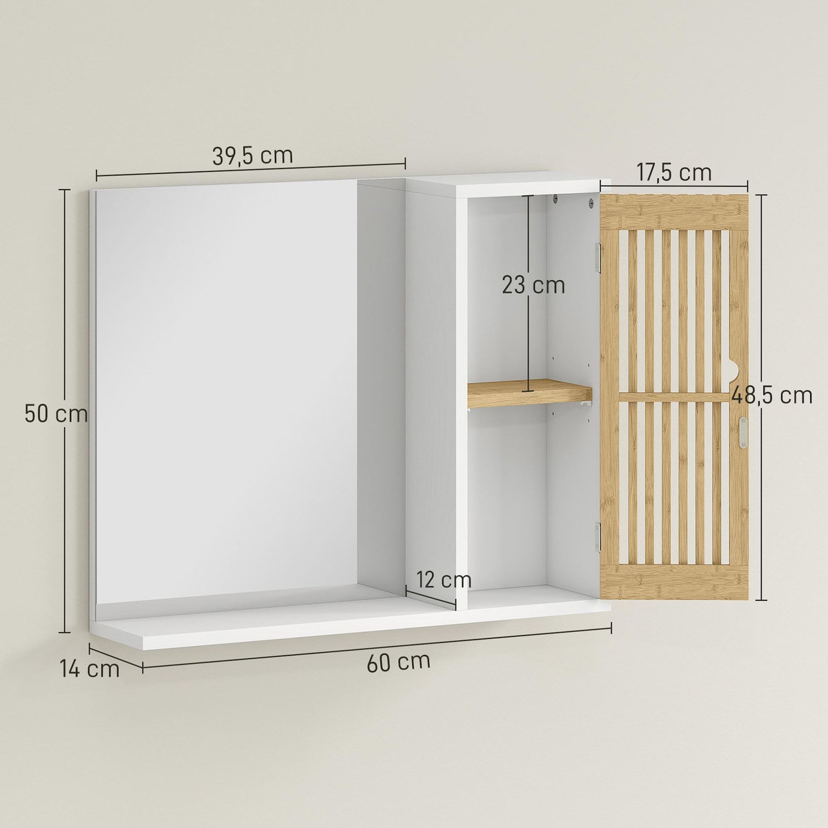 HOMCOM Miroir étagère style cosy - armoire miroir salle de bain 1 porte - bambou blanc