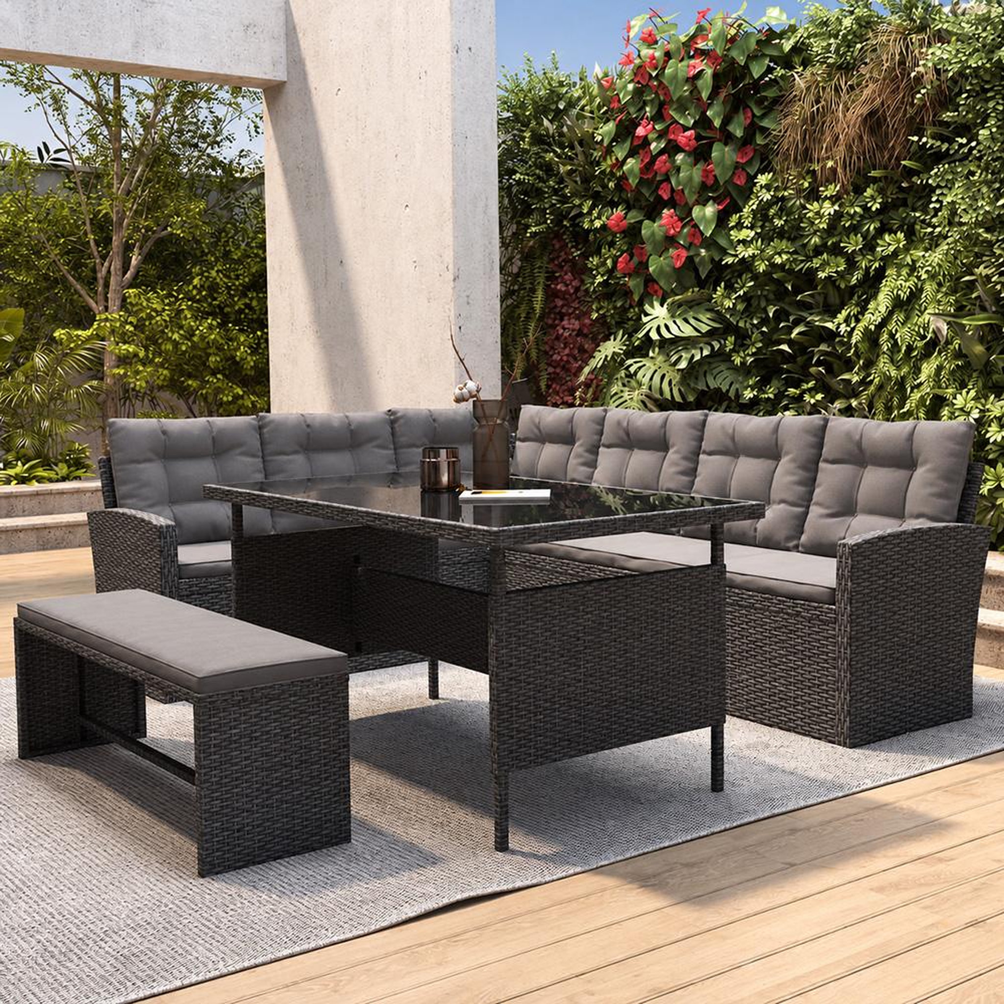 Voir la diapositive 3 : CONCEPT USINE Salon de jardin 8 places en résine anthracite et coussins gris moorea