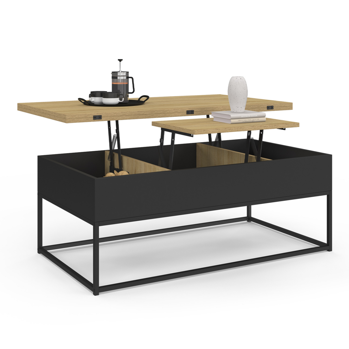 ID MARKET Table basse rectangulaire relevable convertible en table à manger BOSTON design industriel