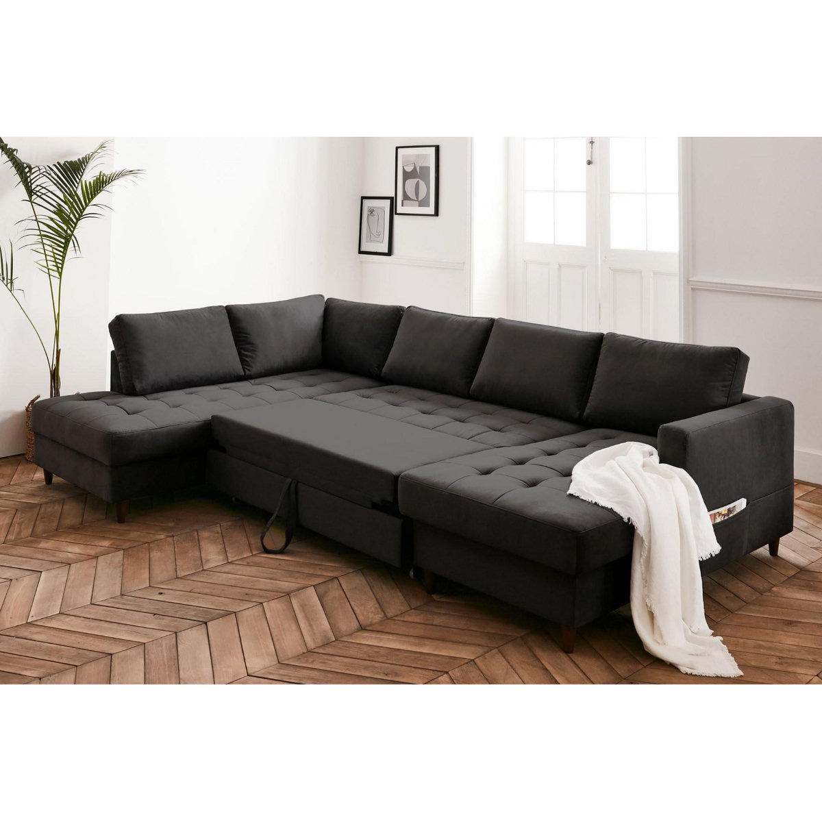 LISA DESIGN Anna - canapé panoramique d'angle gauche - 7 places - convertible avec coffre - en velours