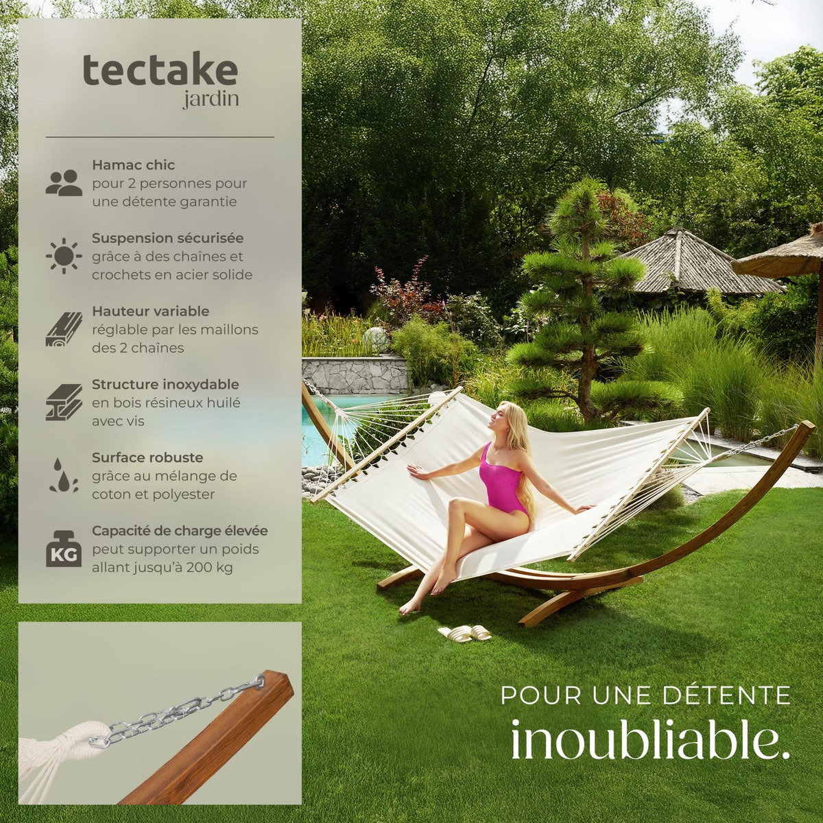 tectake Hamac sur pied avec structure en bois pour 2 personnes blanc