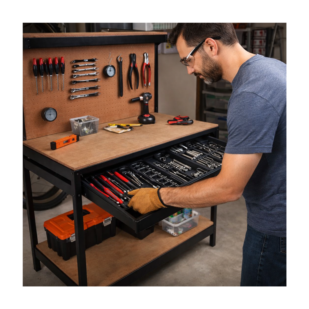 Proweltek Etabli d'atelier Panneau porte outils perforé Charge 100kg Etagère + Tiroir de rangement Bricolage 120x60 xH150cm PROWELTEK