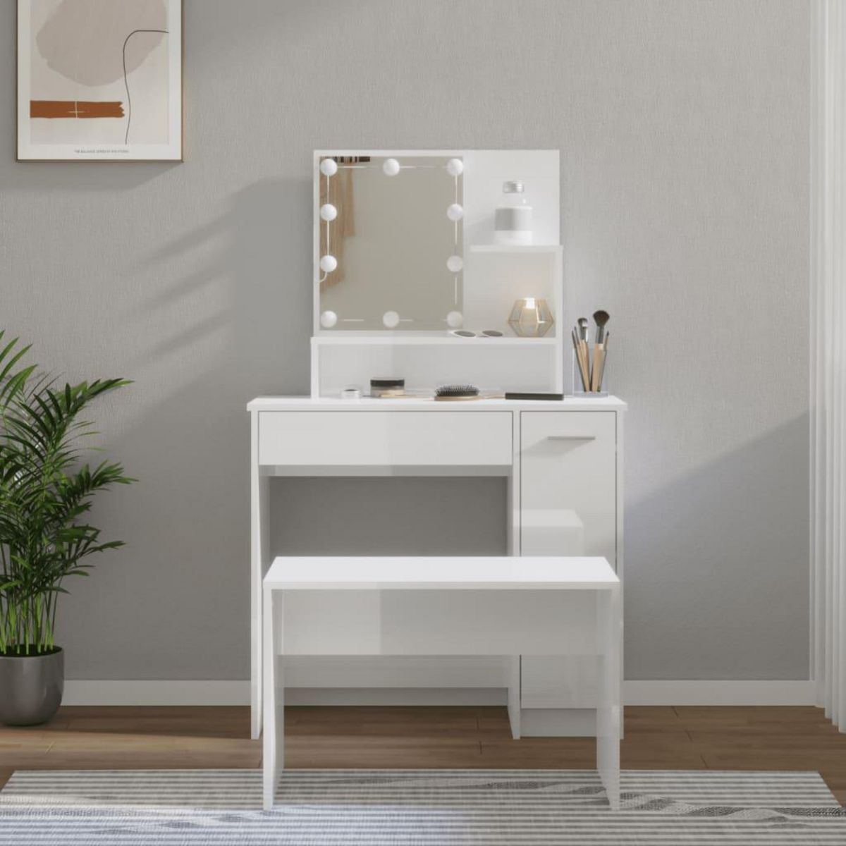 VIDAXL Ensemble de coiffeuse avec LED Blanc brillant Bois d'ingenierie
