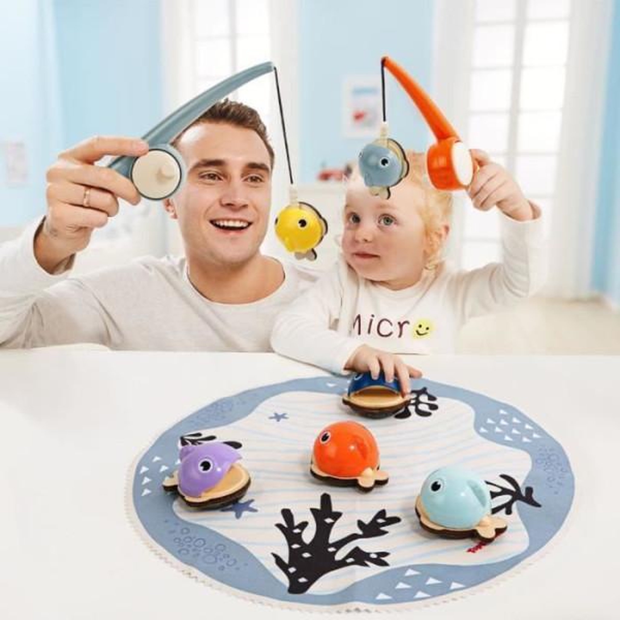 Voir la diapositive 3 : JACTAL Attrape les poissons, jeu éducatif, 6 poissons magnétiques, 2 cannes a peche, tapis en tissu, pour enfant des 2 ans, top brigh