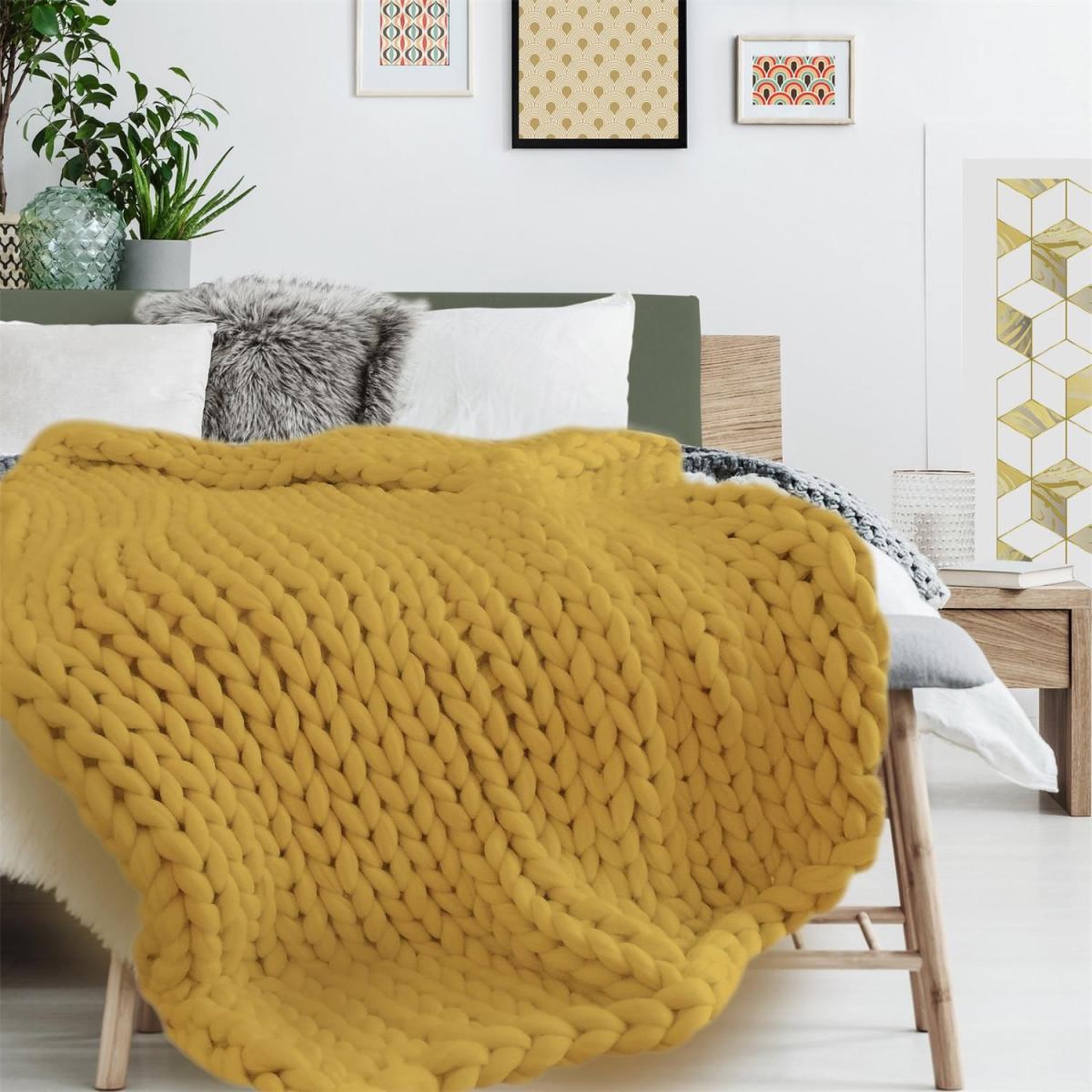 Voir la diapositive 4 : The Home Deco Factory Plaid déco maille  chunky  120x150cm jaune