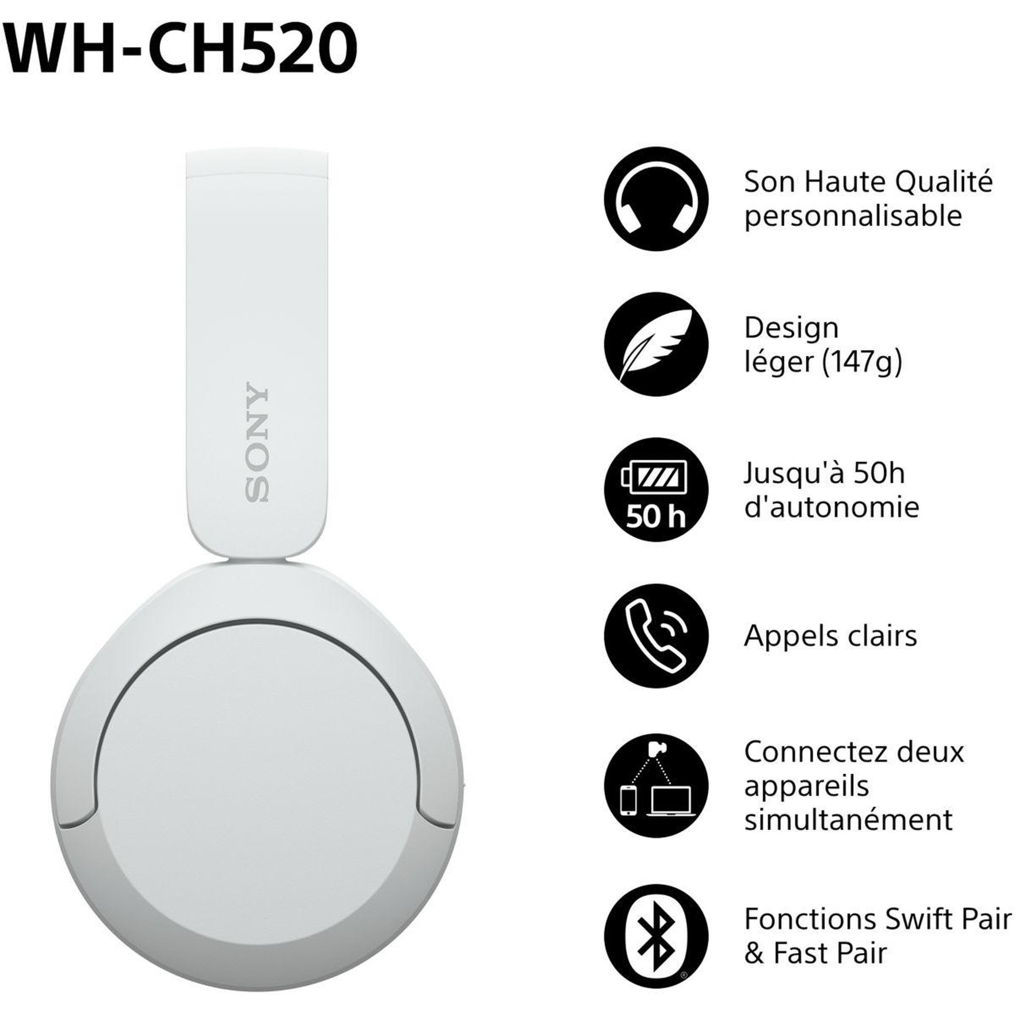 Voir la diapositive 2 : SONY Casque WH-CH520 Blanc