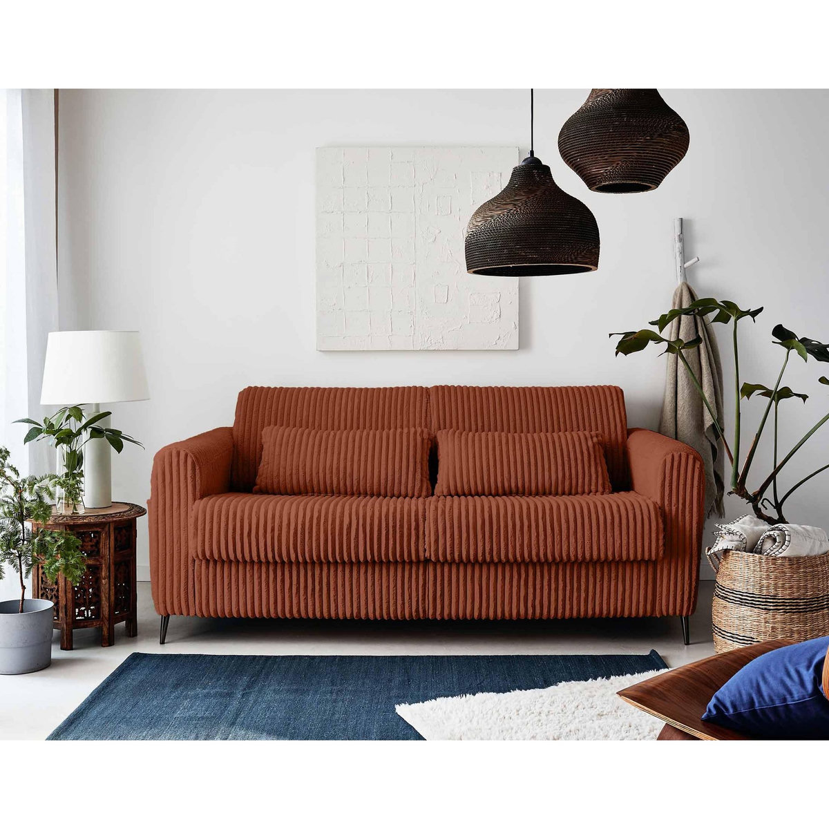 LISA DESIGN Owen - canapé 3 places convertible express couchage quotidien 140 cm matelas 12 cm en velours côtelé grosses côtes