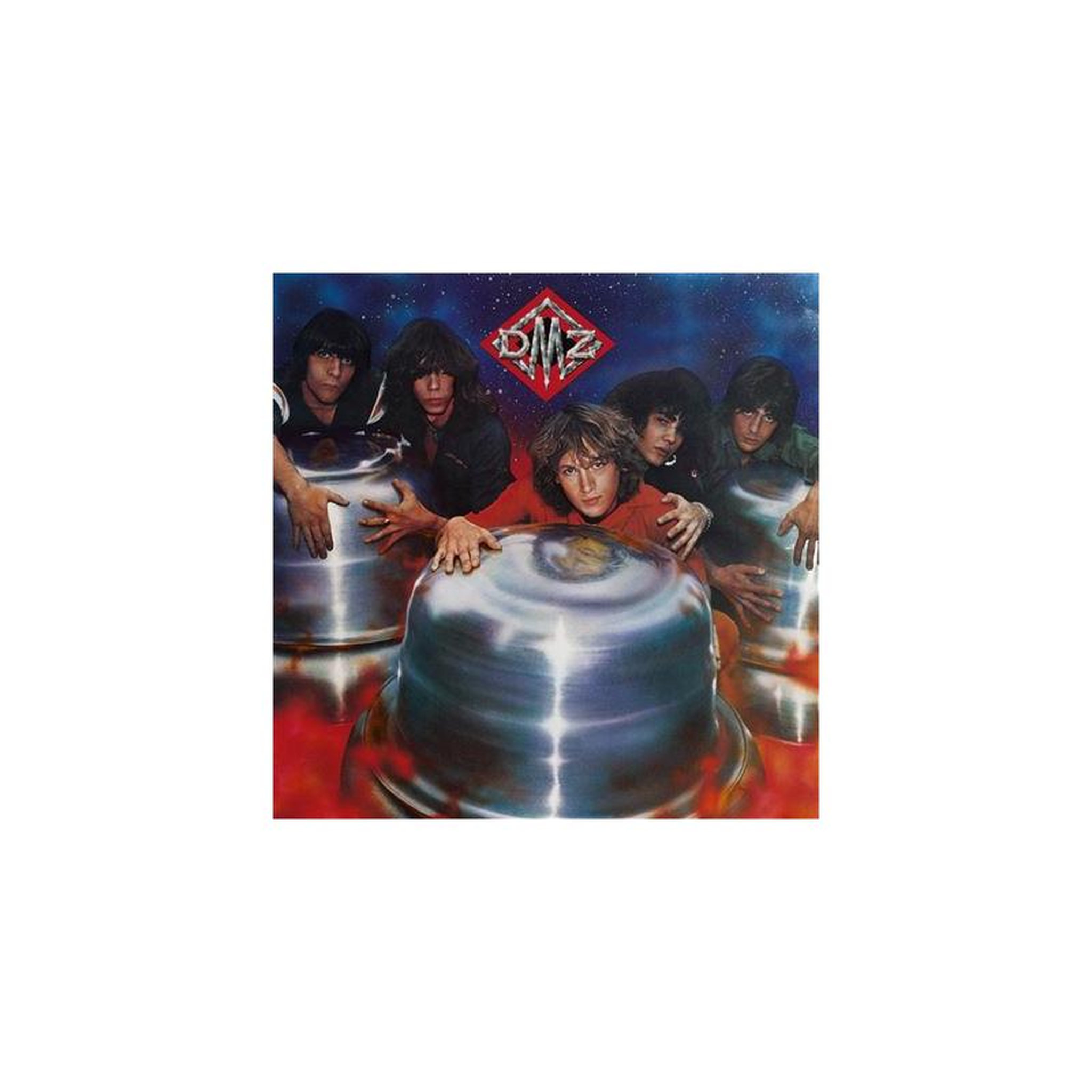 Album vinyle argent dmz avec pochette scène de groupe science-fiction