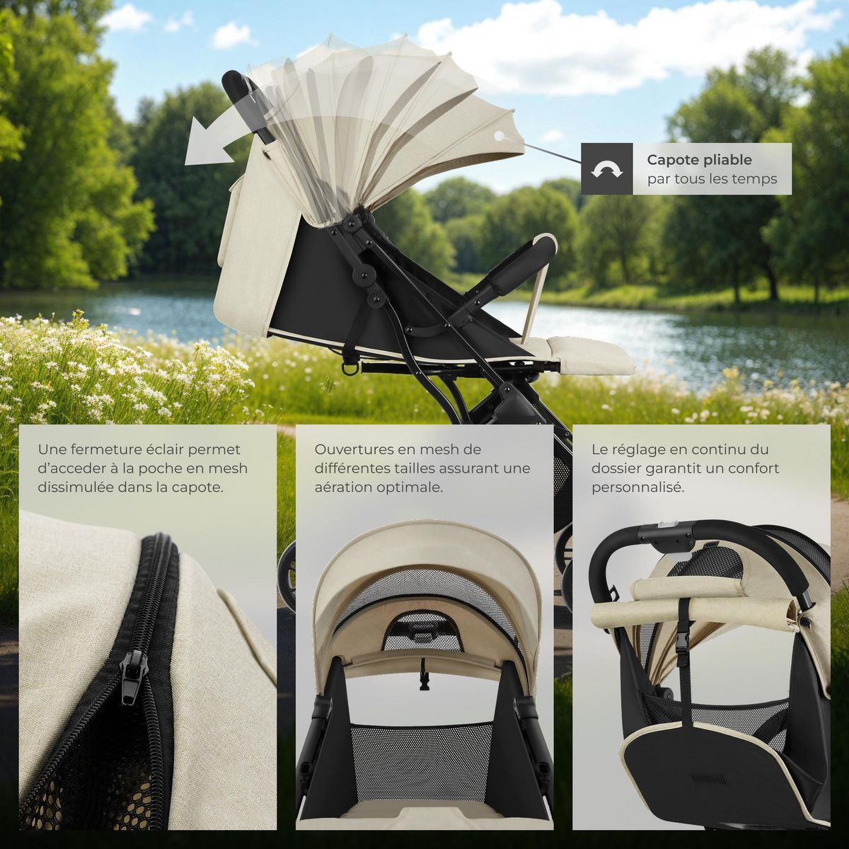 tectake Poussette buggy pliage à une main avec harnais à 5 points, frein de stationnement et arceau de sécurité gris/beige