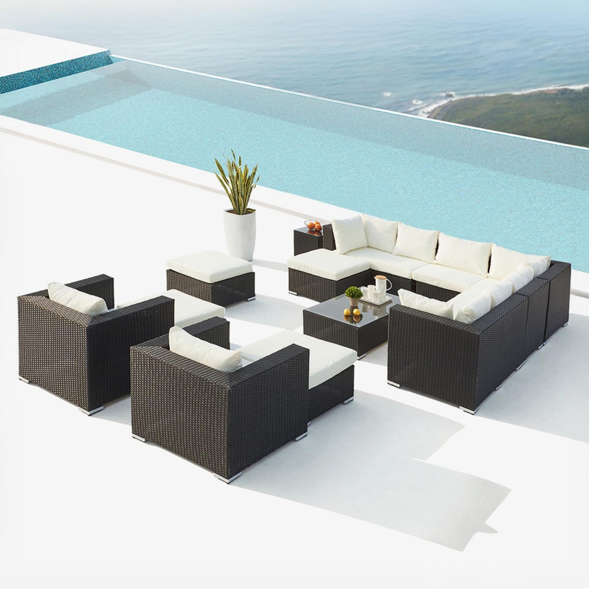 CONCEPT USINE Salon de jardin modulable 13-14 places en résine tressée noir et blanc STALLA