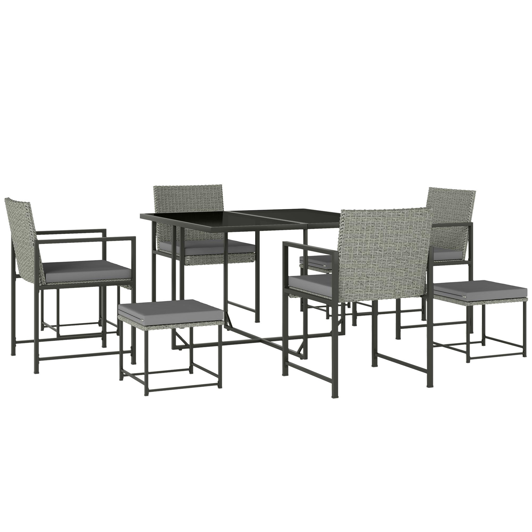OUTSUNNY Ensemble salon de jardin 8 places 9 pièces - 4 fauteuils, 4 tabourets, table à manger - acier résine tressée gris