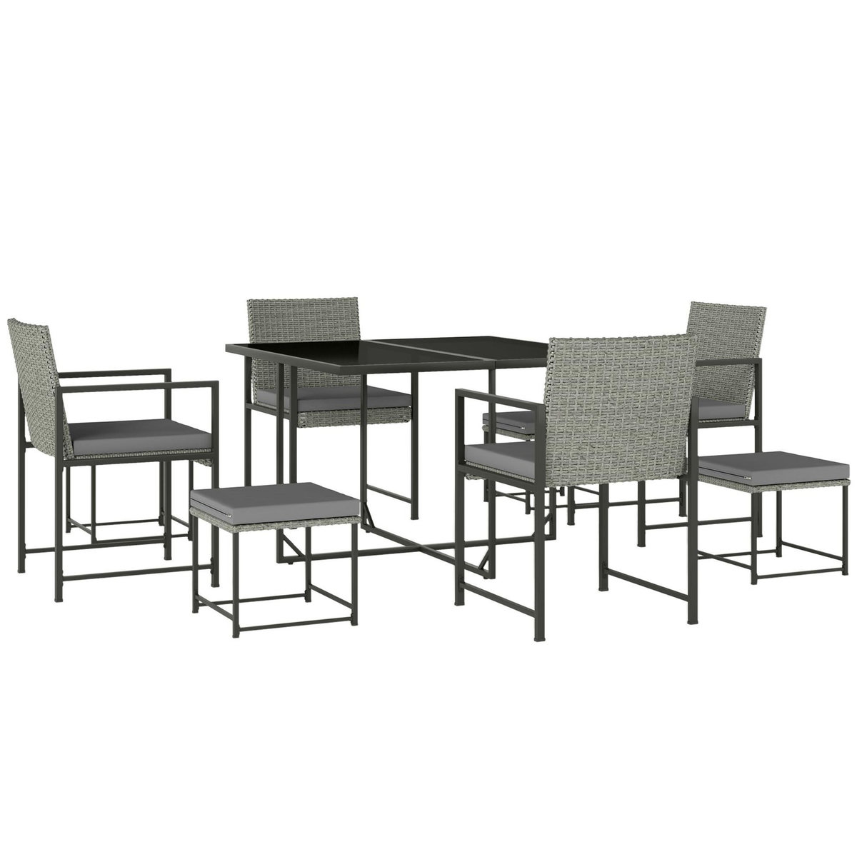 OUTSUNNY Ensemble salon de jardin 8 places 9 pièces - 4 fauteuils, 4 tabourets, table à manger - acier résine tressée gris