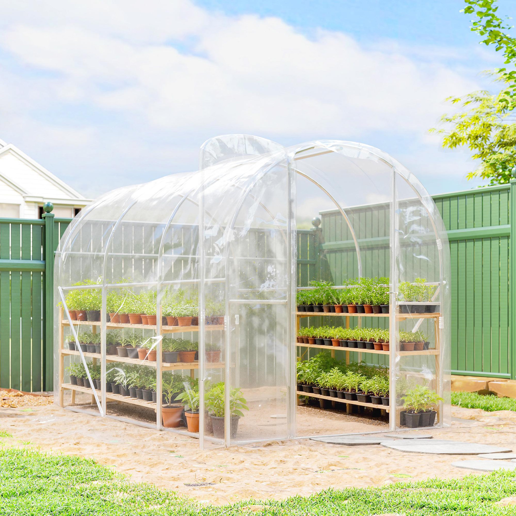 Voir la diapositive 2 : OUTSUNNY Serre tunnel de jardin 6 m² - 3 x 2 x 2 m - porte - acier galvanisé pe 150 g/m² transparent