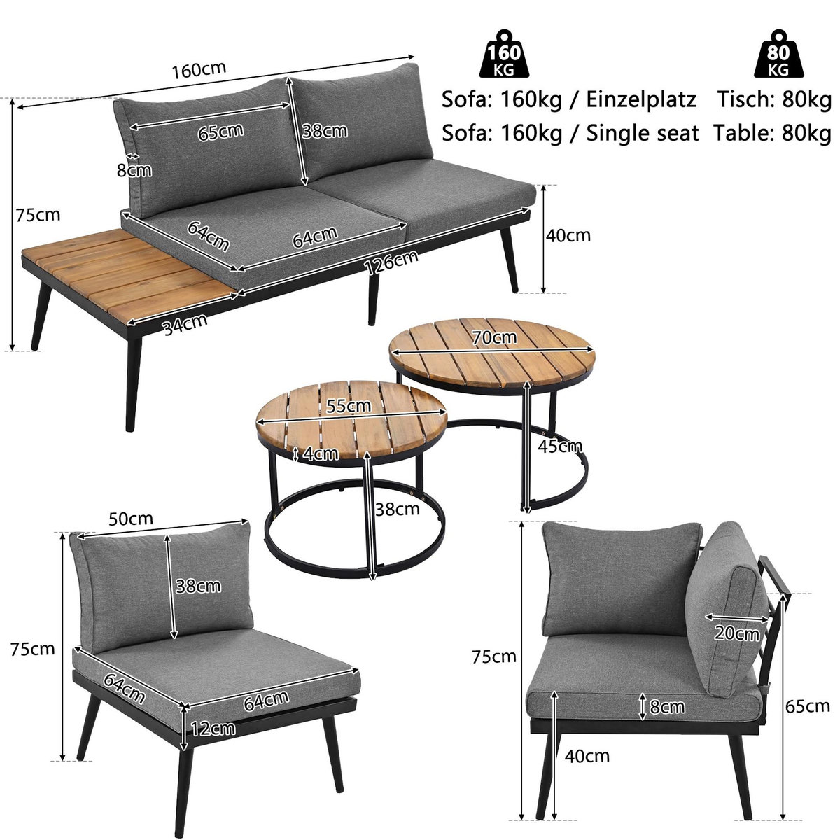 MERAX Salon de jardin 6 places en métal galvanisé avec 2 canapés, 2 fauteuils, 2 tables