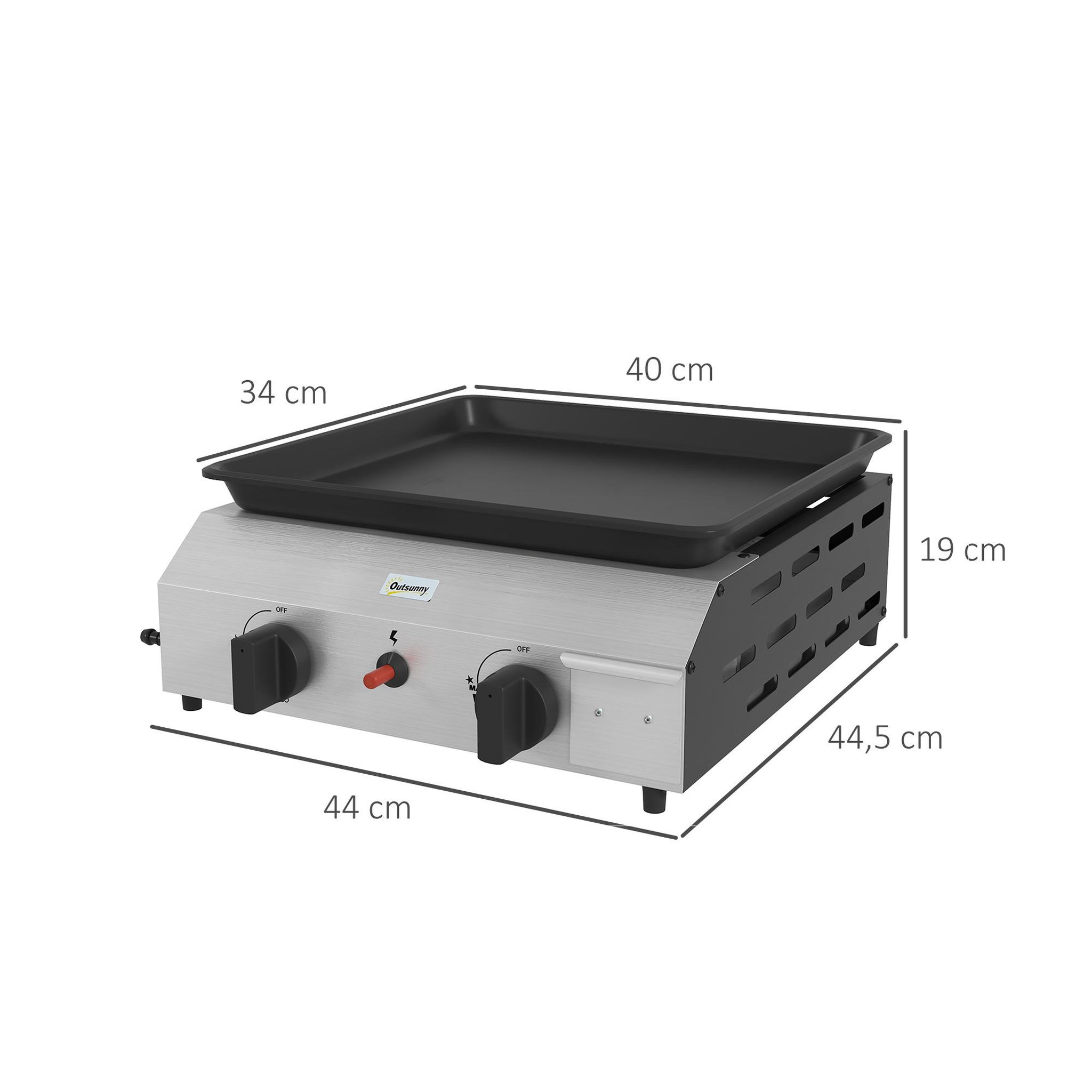 Voir la diapositive 3 : OUTSUNNY Plancha gaz portable antiadhésive 2 brûleurs 4,8 kW surface cuisson 40L x 34l cm acier inox émaillé