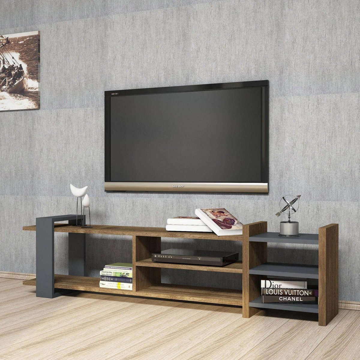 TOILINUX Meuble TV design Zeyna - L. 156 x H. 40 cm - Gris anthracite