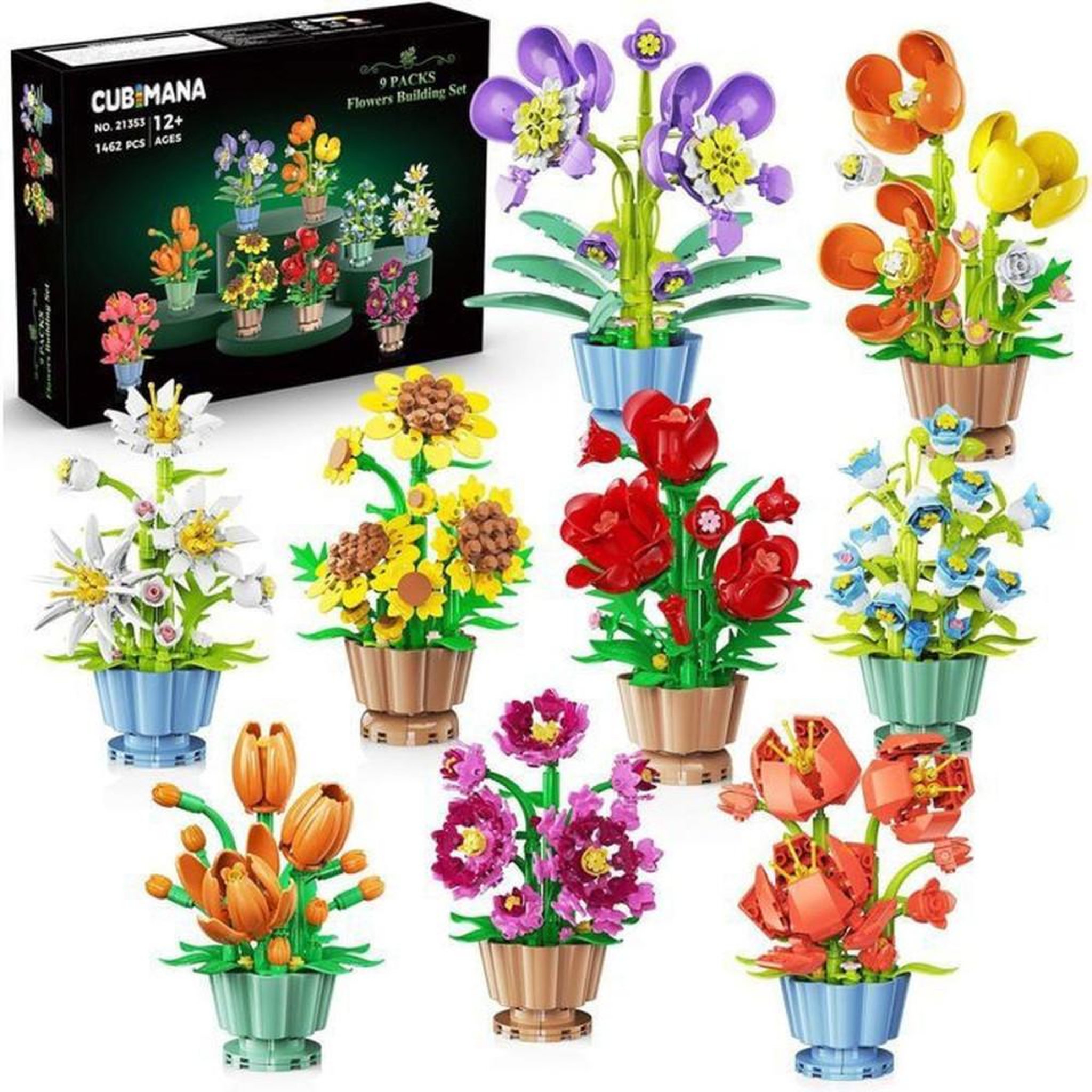 Set fleurs miniatures DIY Collection Botanique - 9 modèles - 1462 pièces - pots réalistes à assembler