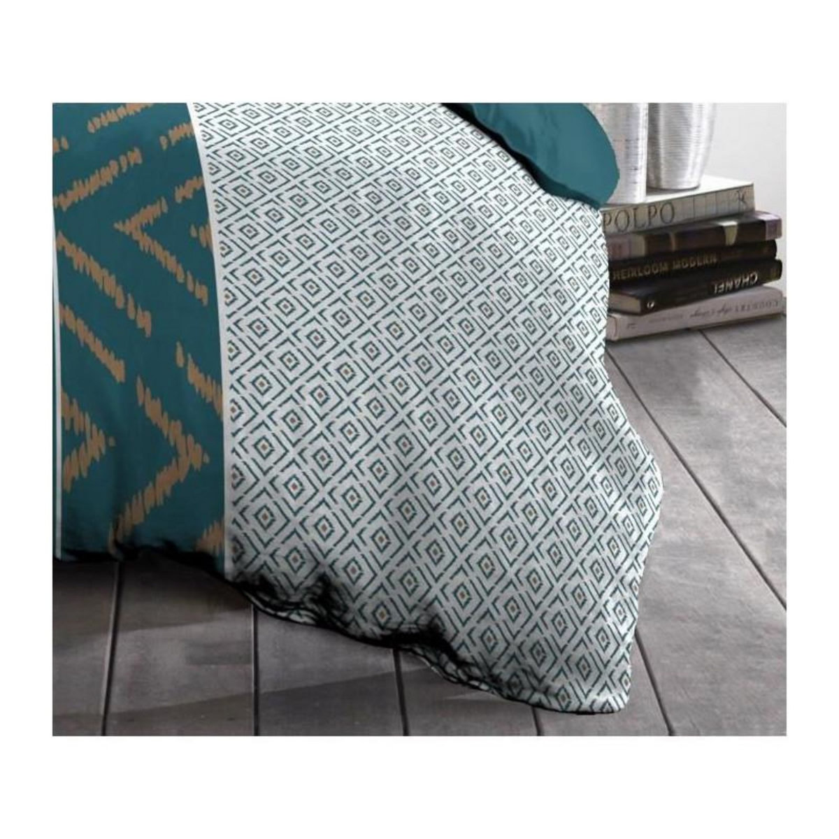 HOME LINGE PASSION Parure de couette microfibre Ethno - 1 housse de couette 240x260 cm + 2 taies d'oreiller 63x63 cm - Bleu Canard - HOME LINGE PAS