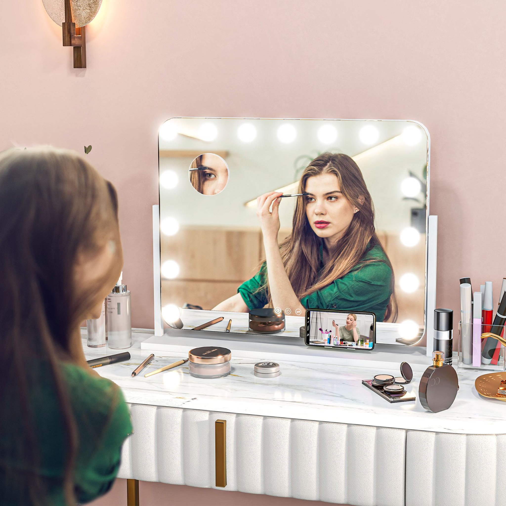 Voir la diapositive 2 : HOMCOM Miroir maquillage hollywood lumineux led intensité réglable grossissant rotatif charge usb support blanc