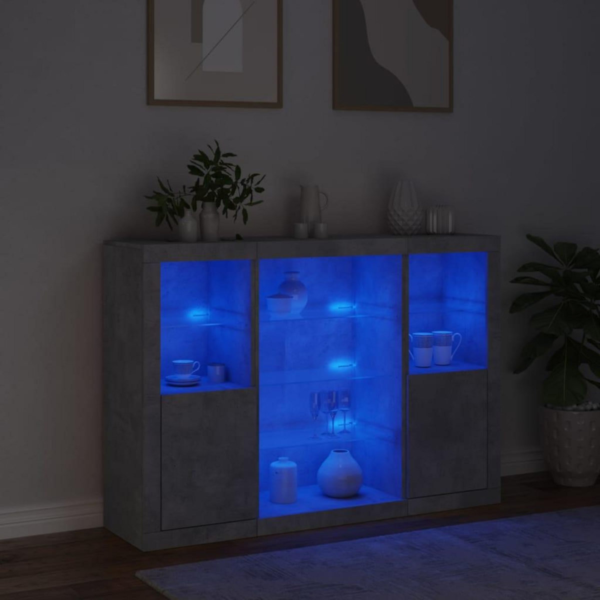 VIDAXL Buffets avec lumieres LED 3 pcs gris beton bois d'ingenierie
