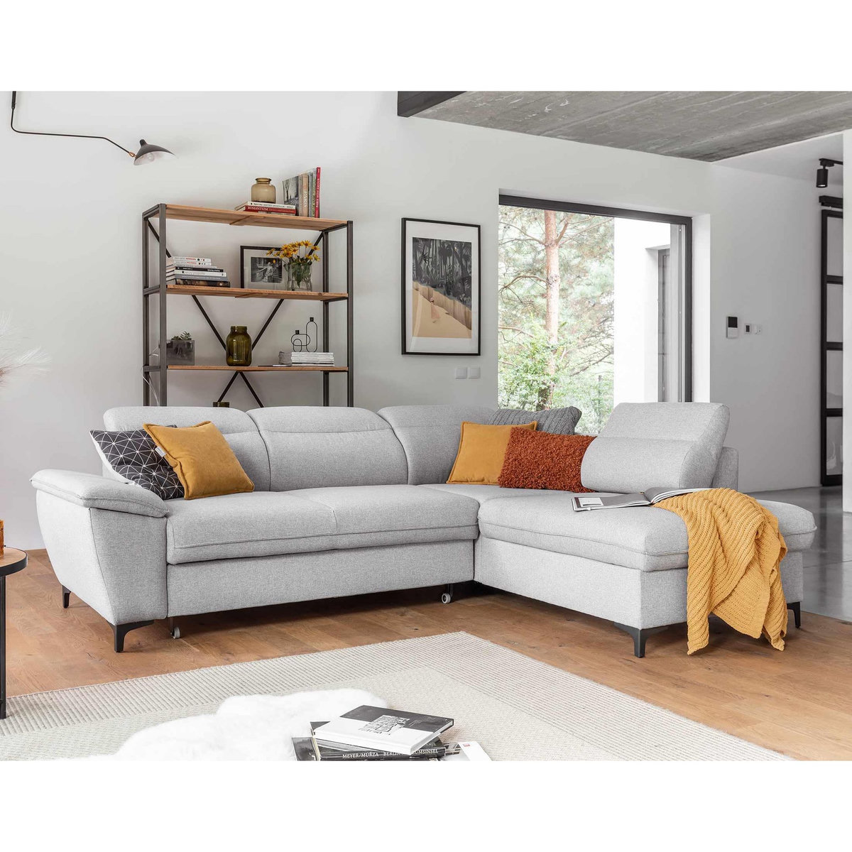 BEST MOBILIER Clever - canapé d'angle droit - 5 places - convertible avec coffre et têtières - en tissu