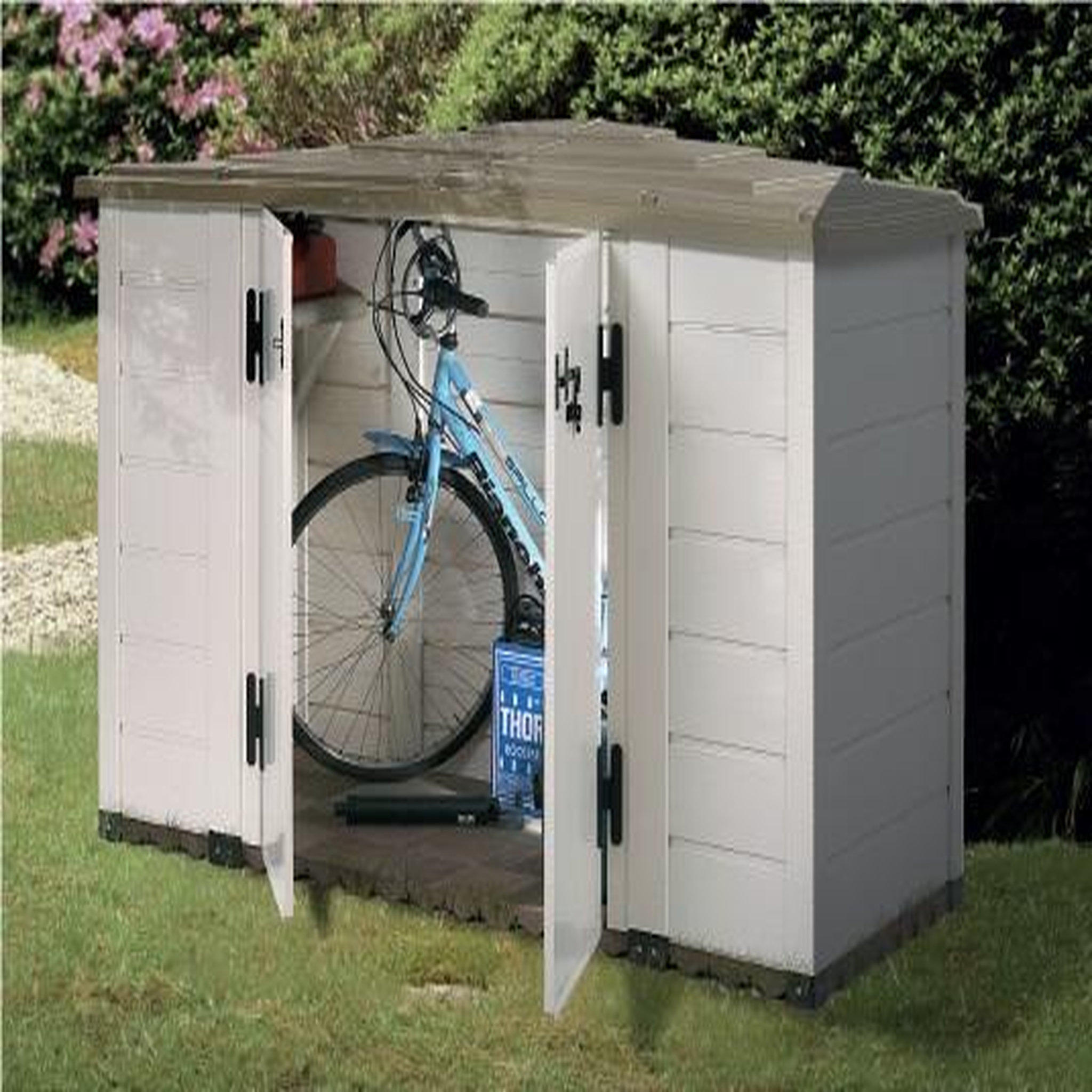 Voir la diapositive 1 : Coffre de rangement jardin rangement à vélo résine - 1930L - Beige et marron clair - BOX EVO 200