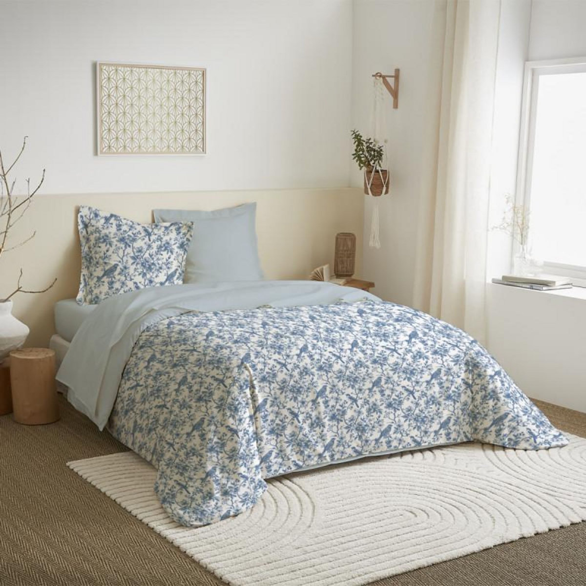 COTON PUR Parure de draps 4 pièces pour lit 140 x 190 cm Bérengère bleu
