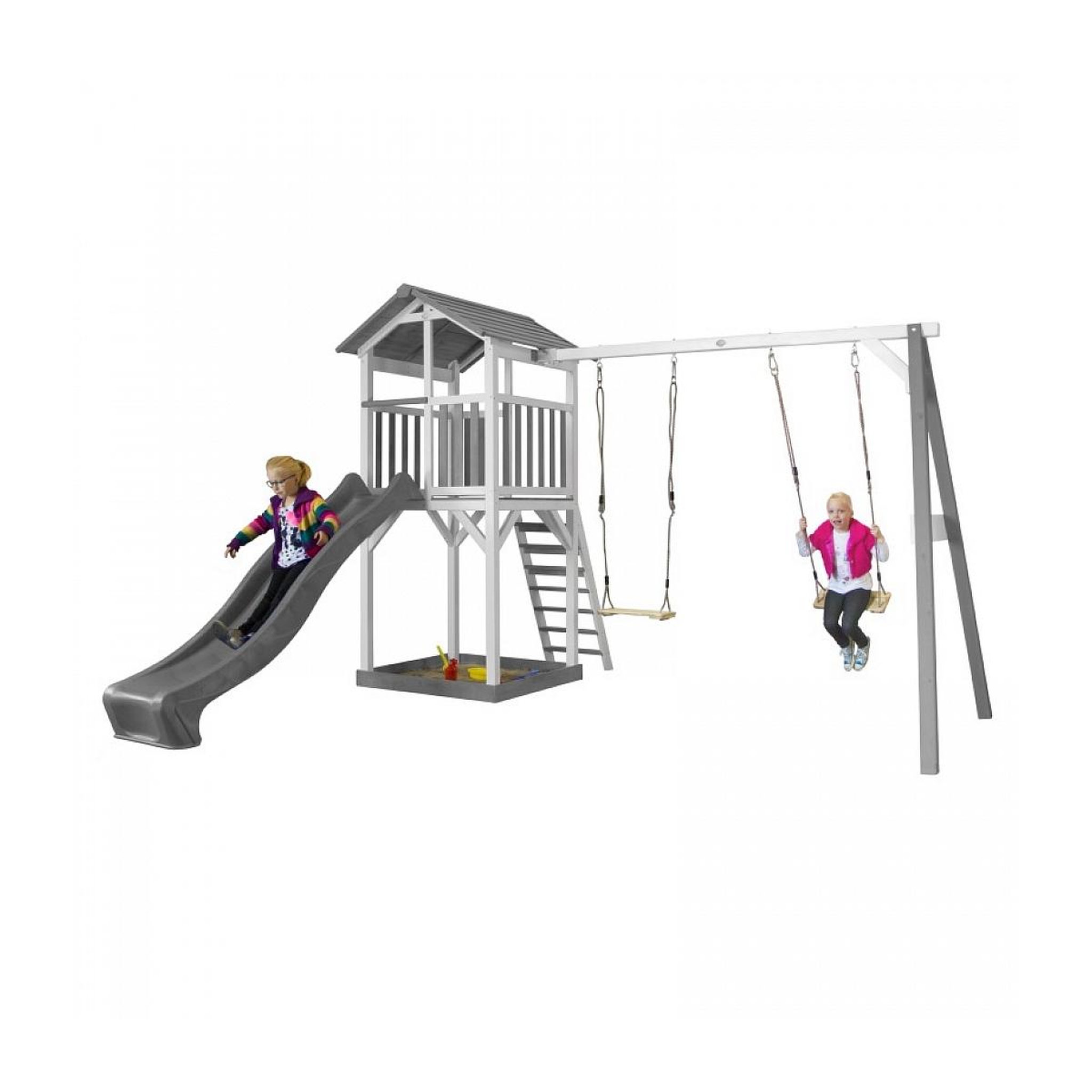 Voir la diapositive 2 : Axi House AXI Structure de jeu Beach Tower Blanc Gris  avec 2 balancoires et toboggan Gris