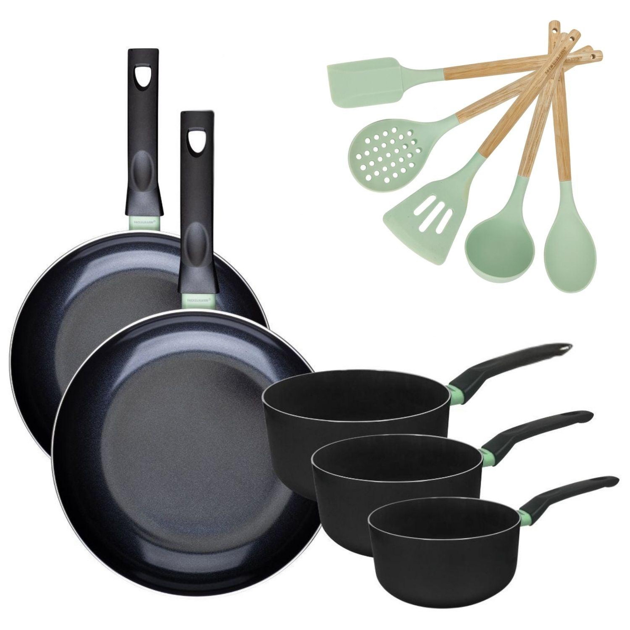 Fackelmann Batterie de cuisine avec 2 poêles 28/30 cm et 3 casseroles 16/18/20 cm avec 5 ustensiles de cuisine fackelmann brandao océan