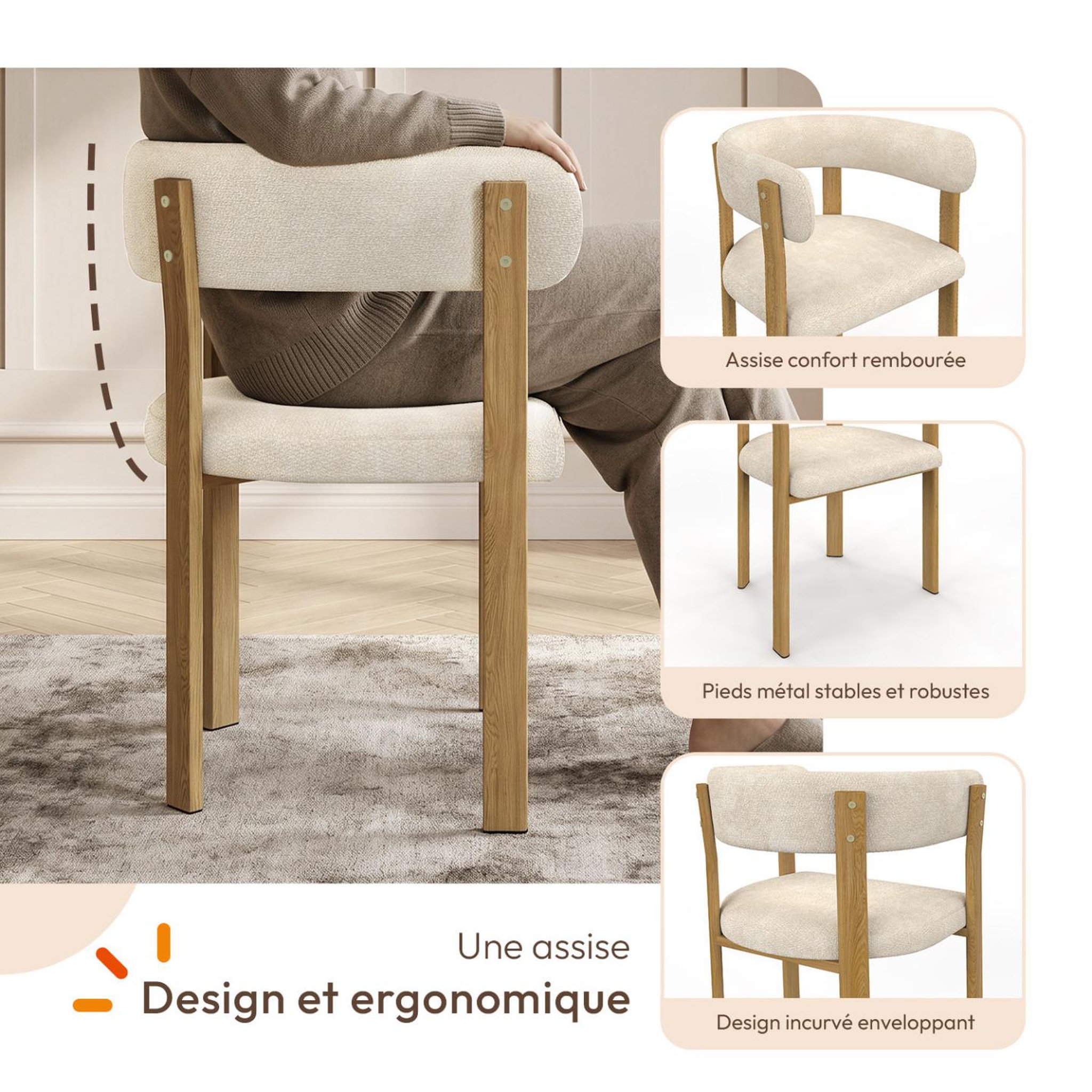 Voir la diapositive 3 : ID MARKET Lot de 2 chaises, fauteuils de table NELLA en métal effet bois et tissu chenille beige pour salle à manger