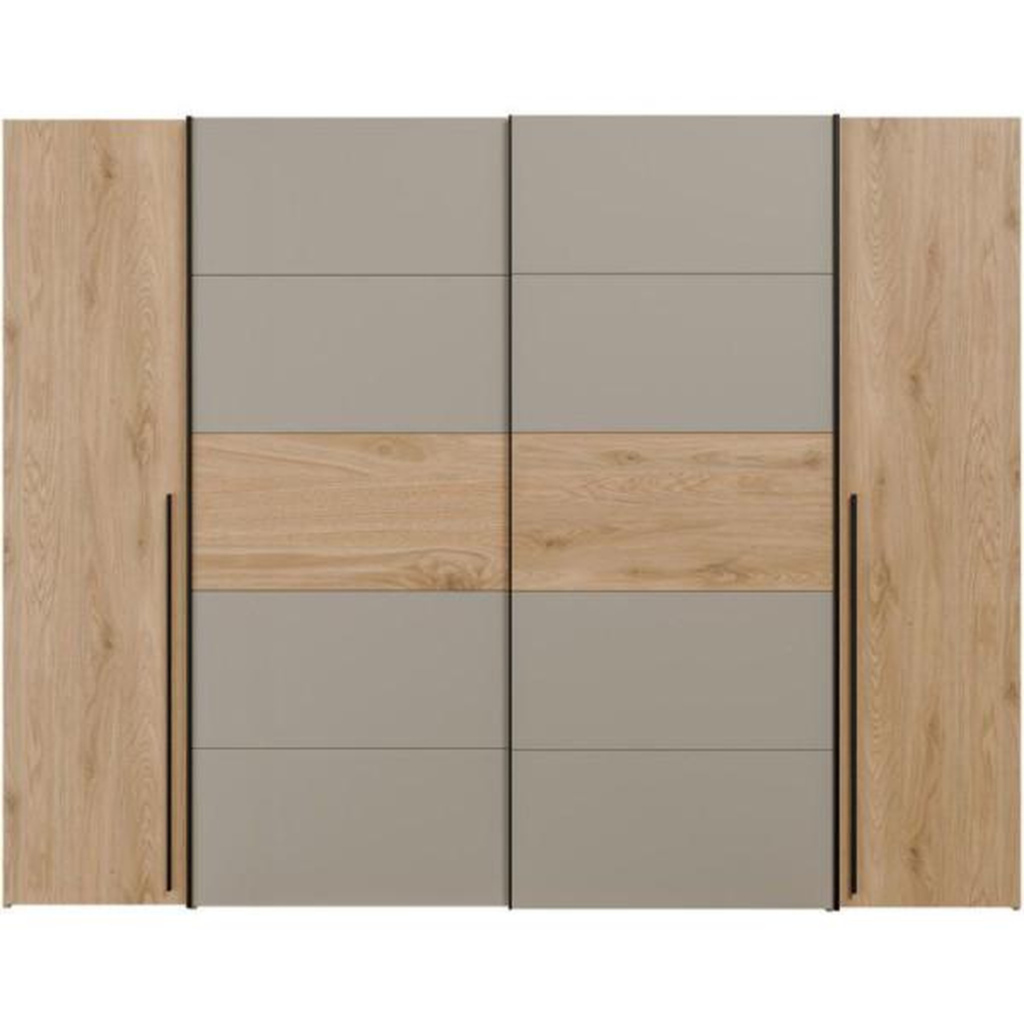 Voir la diapositive 3 : MARKET24 Armoire de chambre - NARAGO - Décor Chene et Taupe - 2 portes coulissantes + 2 portes battantes - L270 x P61 x H210 cm