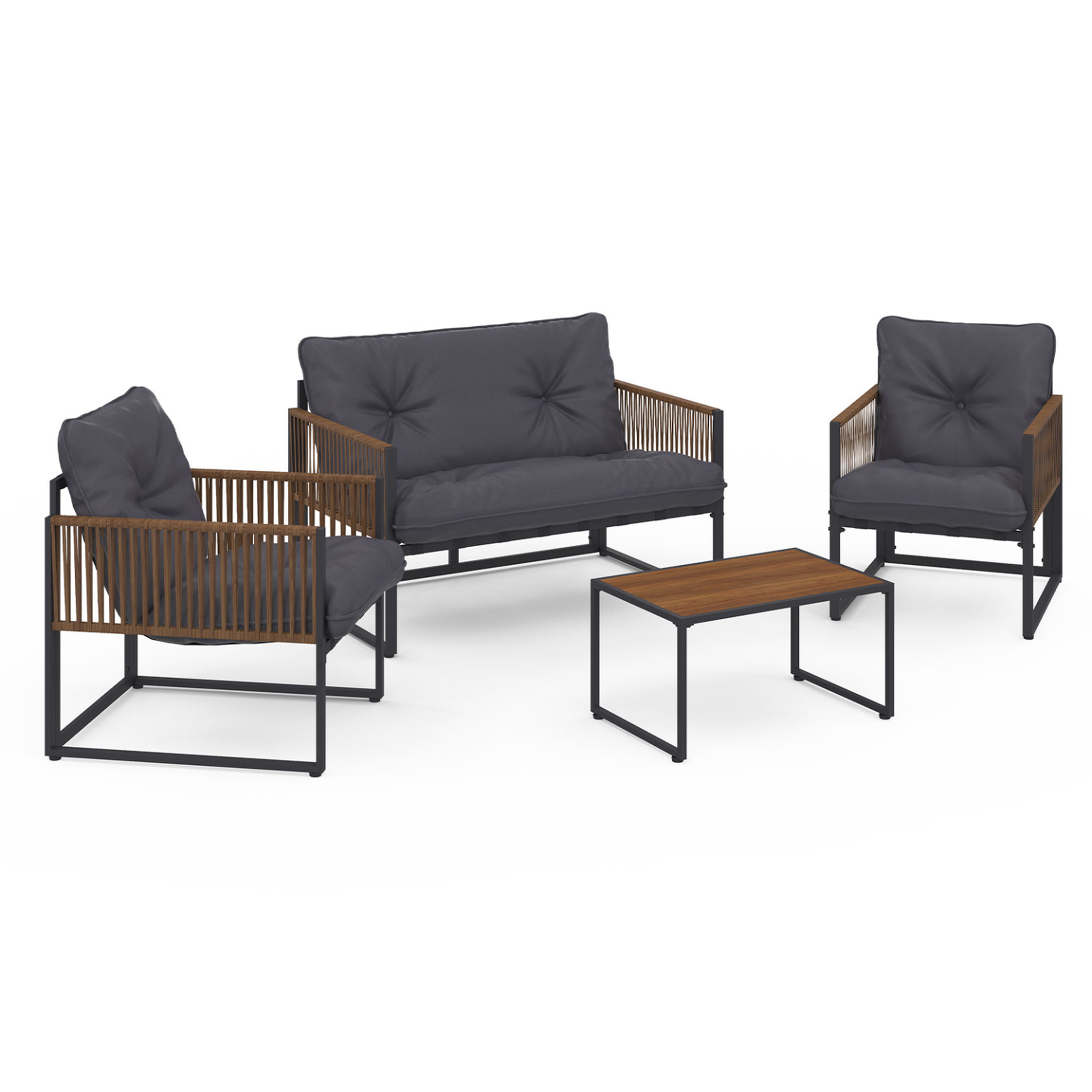 ID MARKET Salon de jardin bas rio 4 places structure métal gris anthracite, cordage effet rotin avec coussin gris