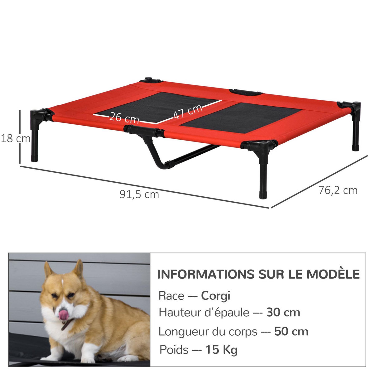 PAWHUT Lit pour chien chat lit de camp grand confort sur pieds tissu oxford textilène micro-perforé 92L x 76l x 18H cm rouge noir
