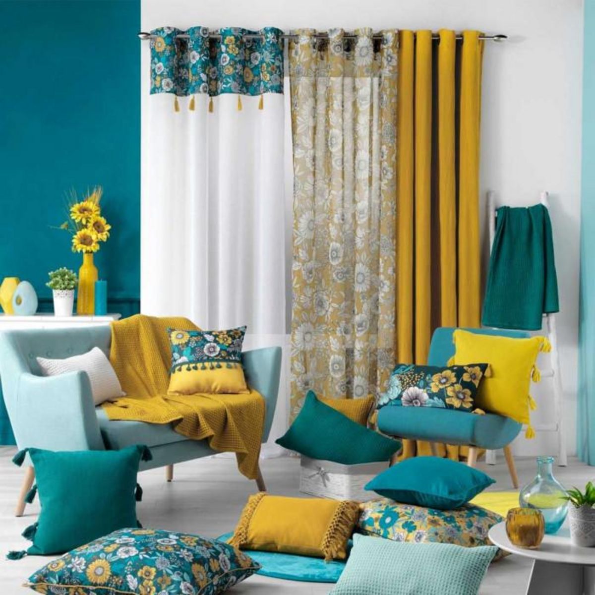 Paris Prix Rideau Voilage à Œillets  Bohoflora  140x240cm Bleu