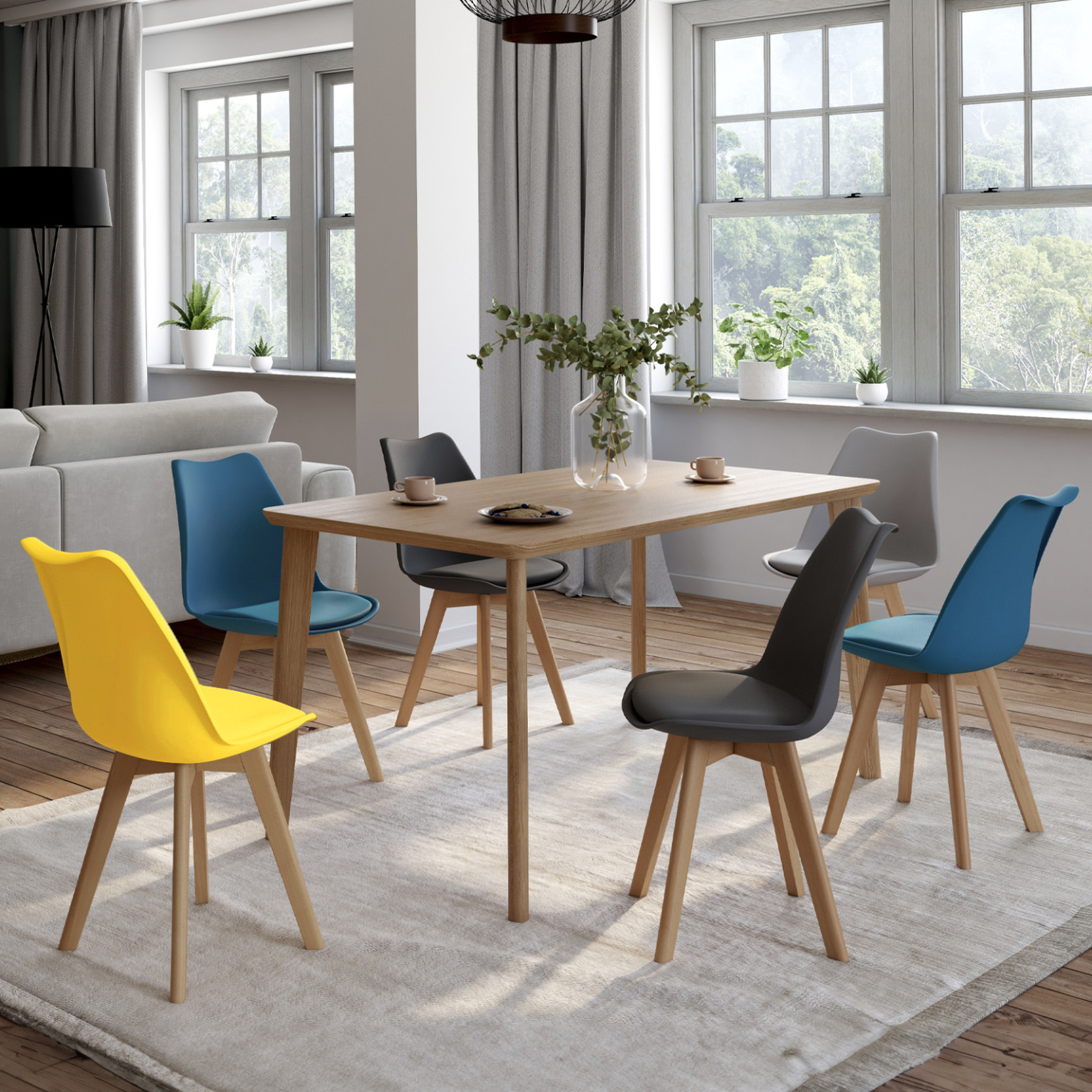 Voir la diapositive 2 : ID MARKET Lot de 6 chaises scandinaves sara mix color bleu x2, gris clair, gris foncé x2, jaune